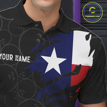Load image into Gallery viewer, Close-up of a US flag Texas bowling polo shirt collar, buttons, and patriotic artwork.