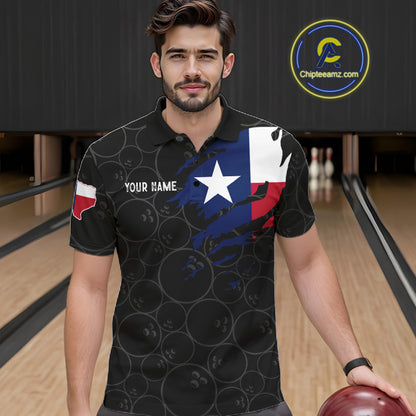 Man wearing a US flag Texas bowling polo shirt at a bowling alley front view.