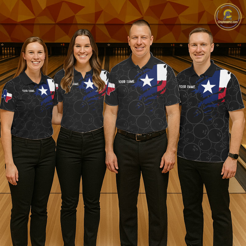 Bowling team wearing matching US flag Texas bowling jerseys during tournament play front view.