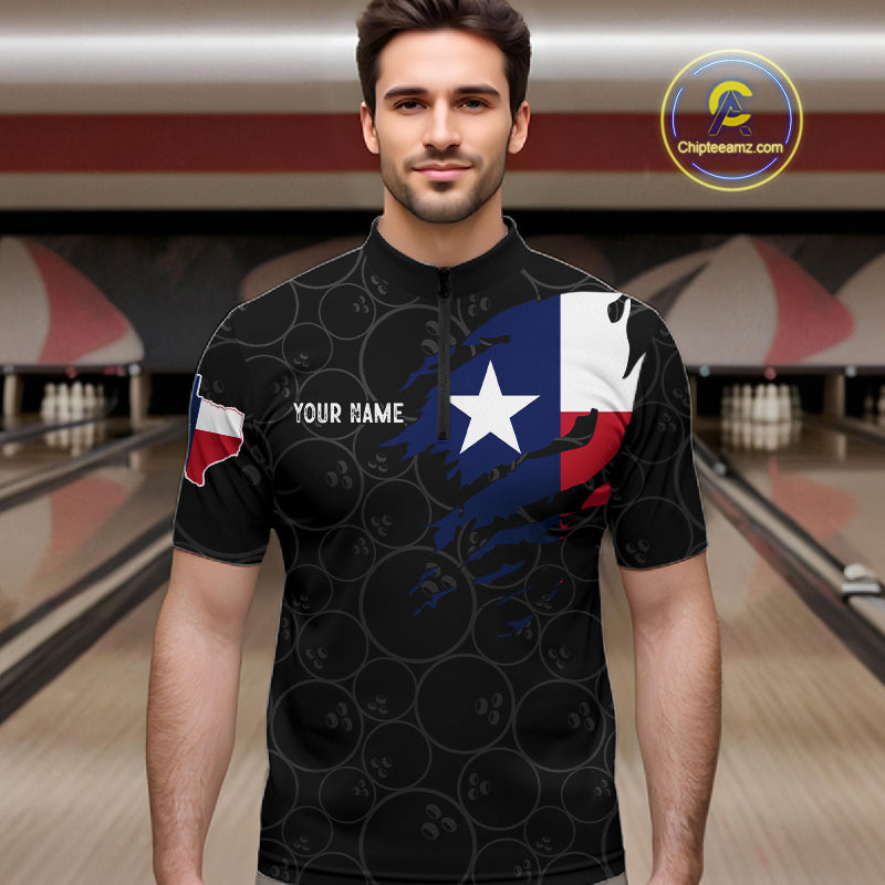 Man wearing a US flag Texas bowling quarter zip jersey during league matches front view.