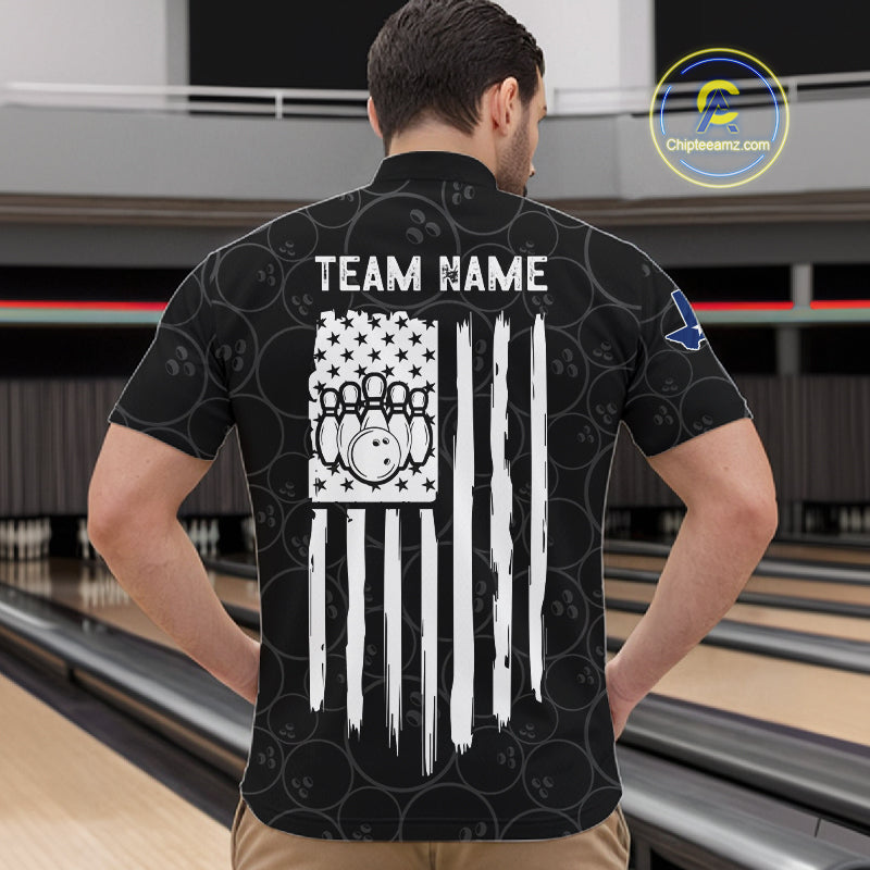 Back view of man wearing a US flag Texas bowling quarter zip shirt in a bowling alley.