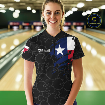 Woman wearing a US flag Texas bowling quarter zip jersey during league matches front view.