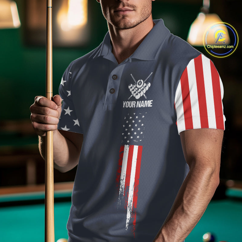 Man wearing personalized navy American flag 8 ball pool billiard polo shirt front view.