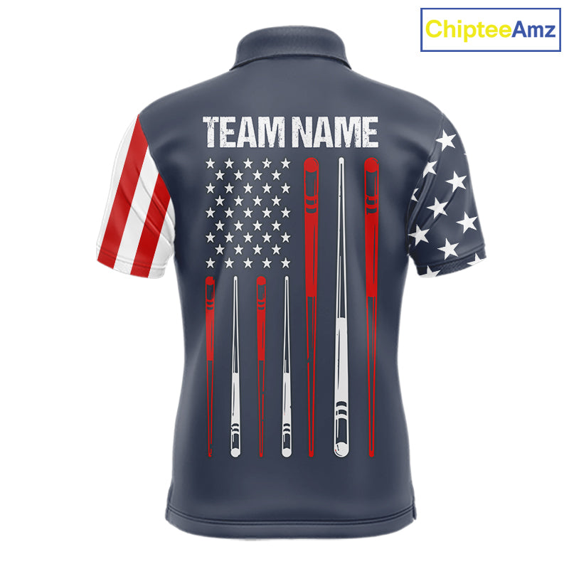 Personalized navy American flag 8 ball pool billiard team jersey polo shirt for men, custom patriotic pool league apparel and tournament jersey.