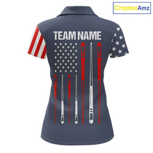 Load image into Gallery viewer, Personalized navy American flag 8 ball pool billiard team jersey polo shirt for women, custom patriotic pool league apparel and tournament jersey.