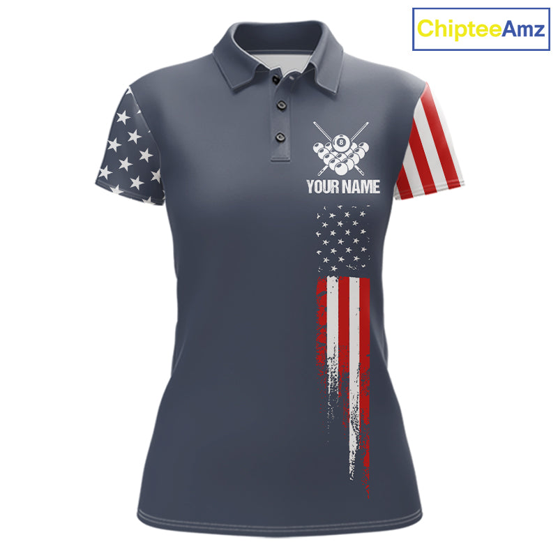 Personalized navy American flag 8 ball pool billiard team jersey polo shirt for women, custom patriotic pool league apparel and tournament jersey.