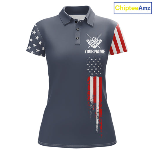 Personalized navy American flag 8 ball pool billiard team jersey polo shirt for women, custom patriotic pool league apparel and tournament jersey.