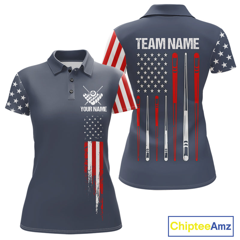 Personalized navy American flag 8 ball pool billiard team jersey polo shirt for women, custom patriotic pool league apparel and tournament jersey.