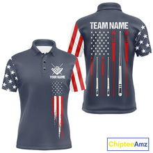 Load image into Gallery viewer, Personalized navy American flag 8 ball pool billiard team jersey polo shirt for men, custom patriotic pool league apparel and tournament jersey.