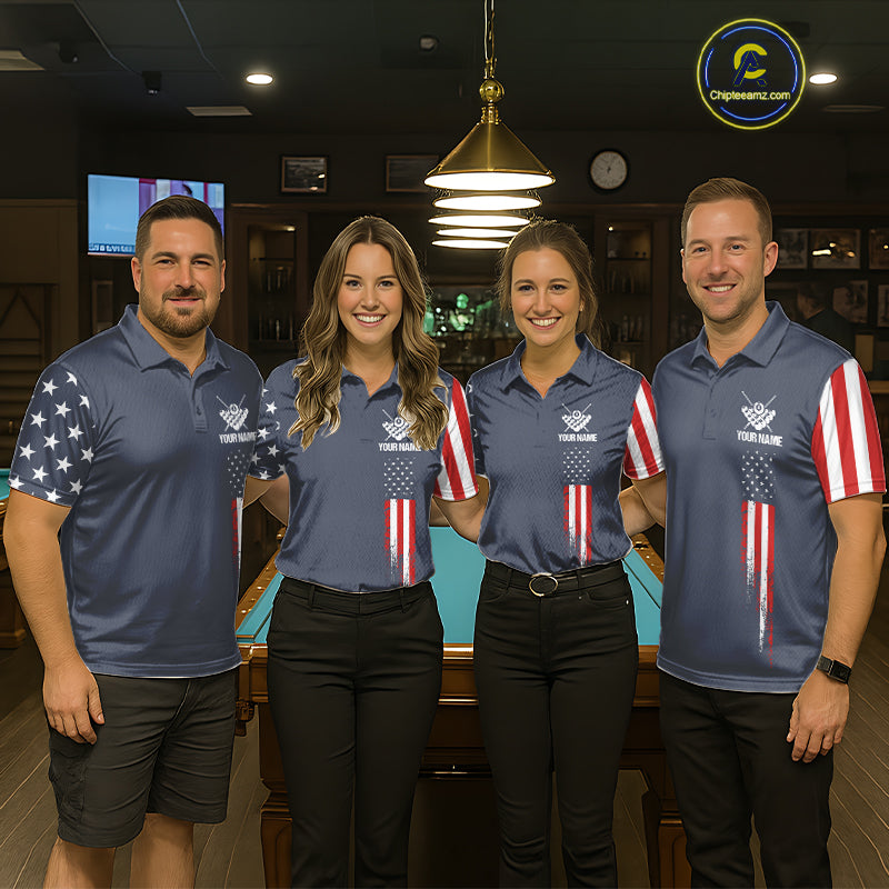 Billiard team wearing matching navy American flag 8 ball pool jerseys front view.