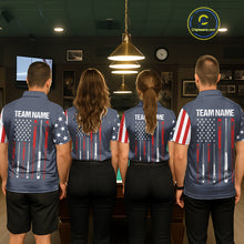 Load image into Gallery viewer, Billiard team wearing matching navy American flag 8 ball pool jerseys back view.