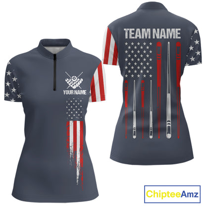 Personalized navy American flag 8 ball pool billiard quarter zip shirt for women, custom patriotic billiard team jersey.