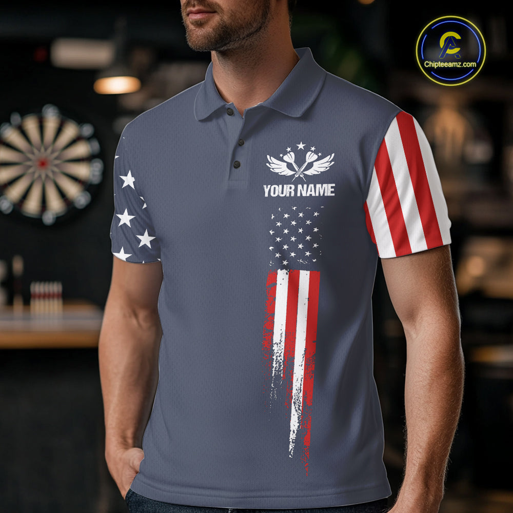 Man wearing personalized navy American flag darts polo shirt front view.