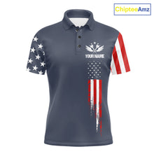 Load image into Gallery viewer, Personalized navy American flag patriotic darts team jersey polo shirt for men, custom darts league apparel and tournament jersey.