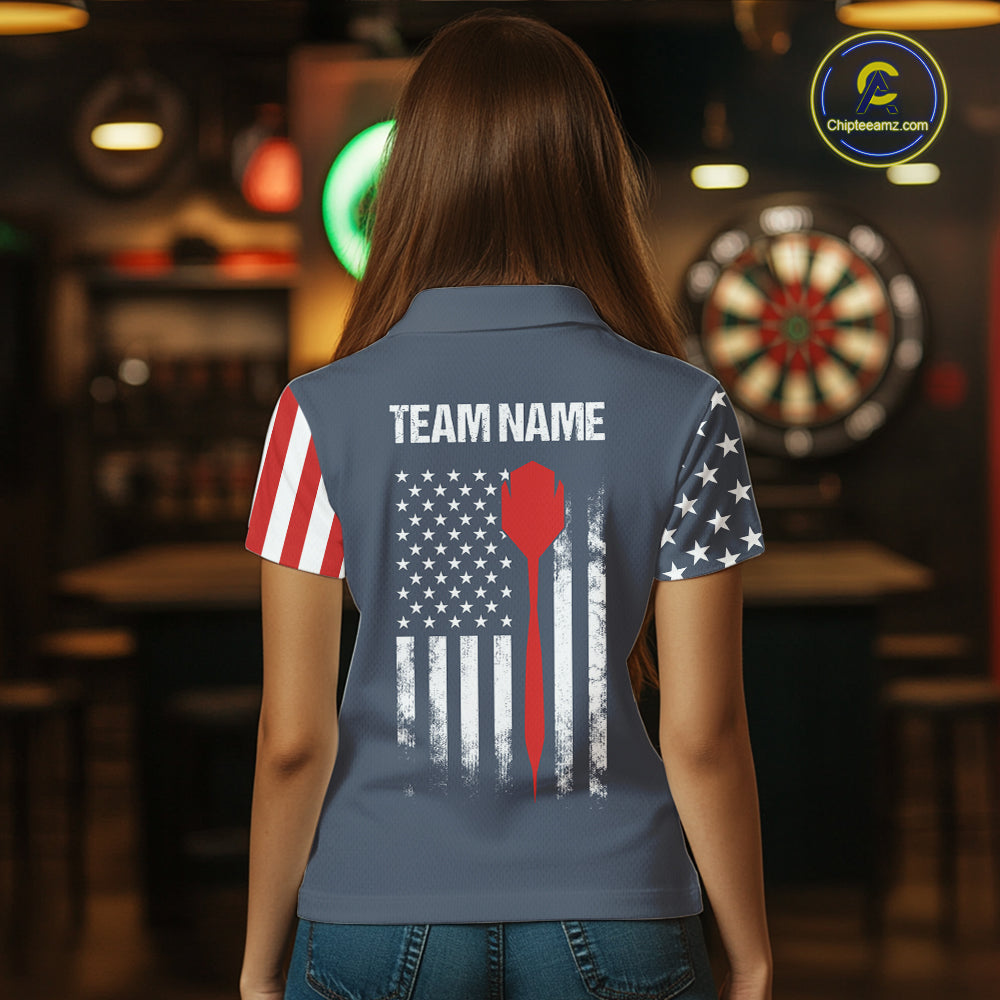 Woman wearing personalized navy American flag darts polo shirt back view.