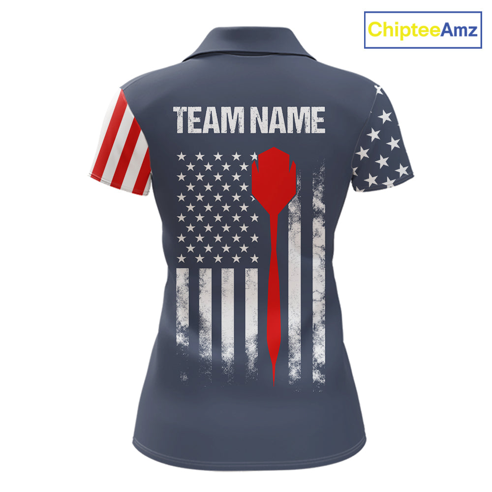 Personalized navy American flag patriotic darts team jersey polo shirt for women, custom darts league apparel and tournament jersey.