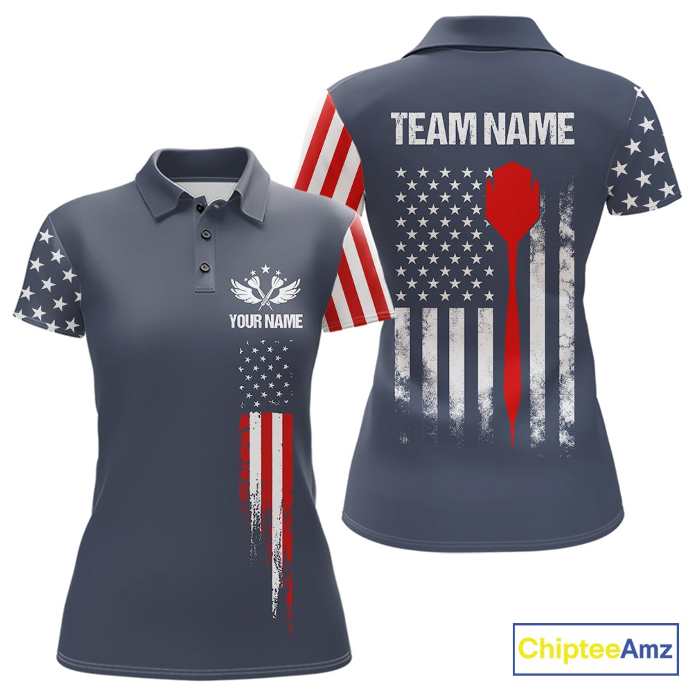Personalized navy American flag patriotic darts team jersey polo shirt for women, custom darts league apparel and tournament jersey.