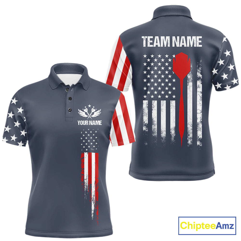 Personalized navy American flag patriotic darts team jersey polo shirt for men, custom darts league apparel and tournament jersey.