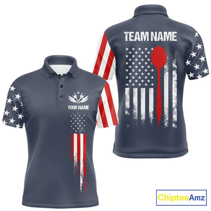 Personalized navy American flag patriotic darts team jersey polo shirt for men, custom darts league apparel and tournament jersey.