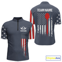 Load image into Gallery viewer, Personalized navy American flag patriotic darts quarter zip shirt for men, custom darts team jersey.