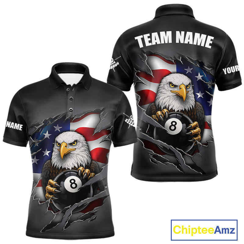 Grey American Flag Eagle 8 Ball Pool Billiard Shirts For Men Custom Patriotic Billiard Team Jersey TDM7169