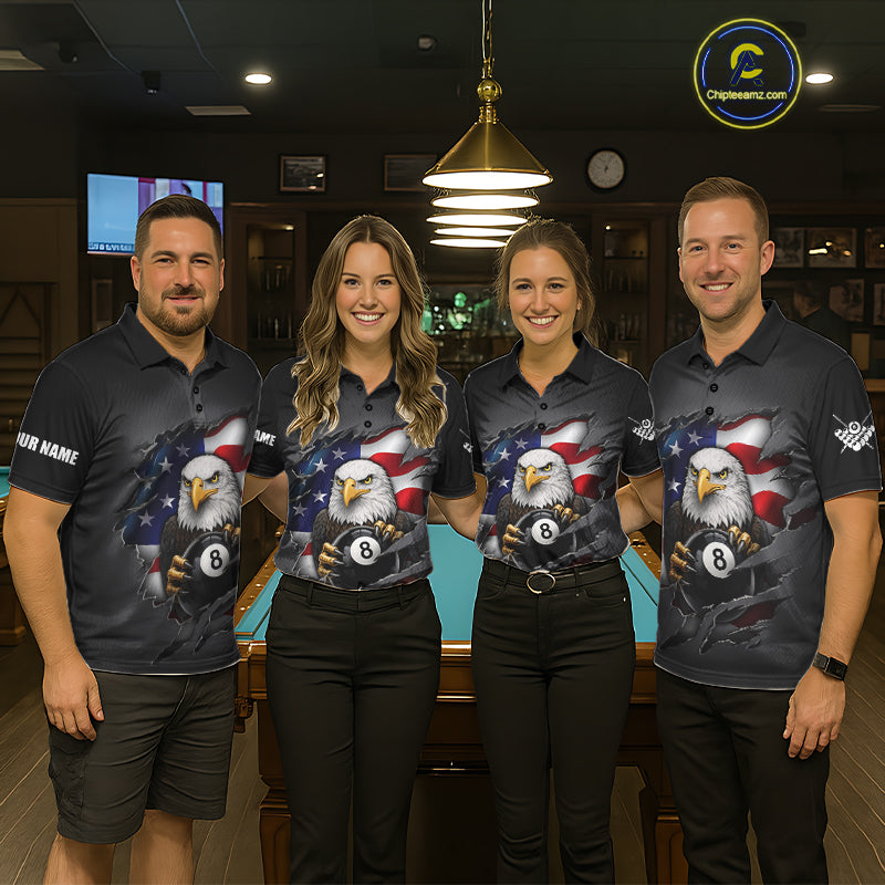 Grey American Flag Eagle 8 Ball Pool Billiard Shirts For Men Custom Patriotic Billiard Team Jersey TDM7169