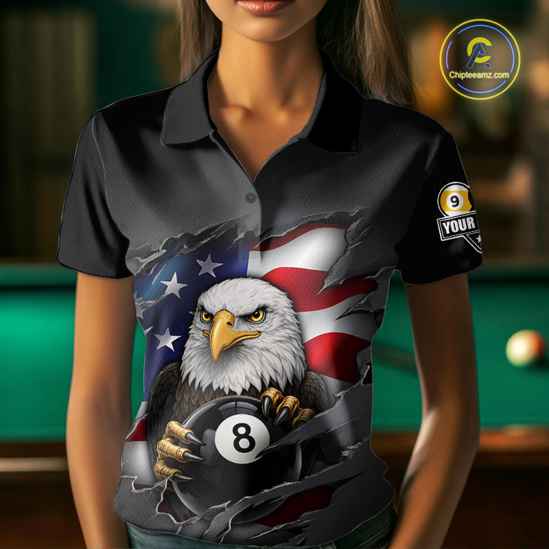 Grey American Flag Eagle 8 Ball & 9 Ball Billiard Shirts For Women Custom Patriotic Pool Team Jersey TDM7170
