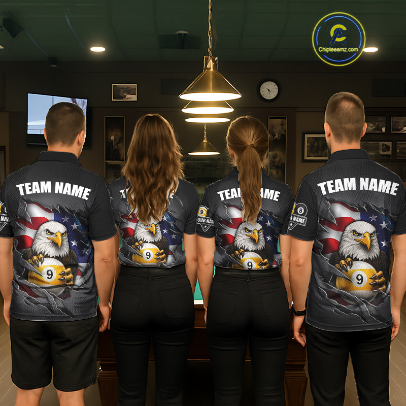 Grey American Flag Eagle 8 Ball & 9 Ball Billiard Shirts For Men Custom Patriotic Pool Team Jersey TDM7170