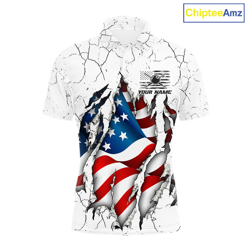 Custom US Flag Eagle Fire 8 Ball Billiard Jersey For Men, White Grunge Patriotic Pool Team Shirt TDM7176