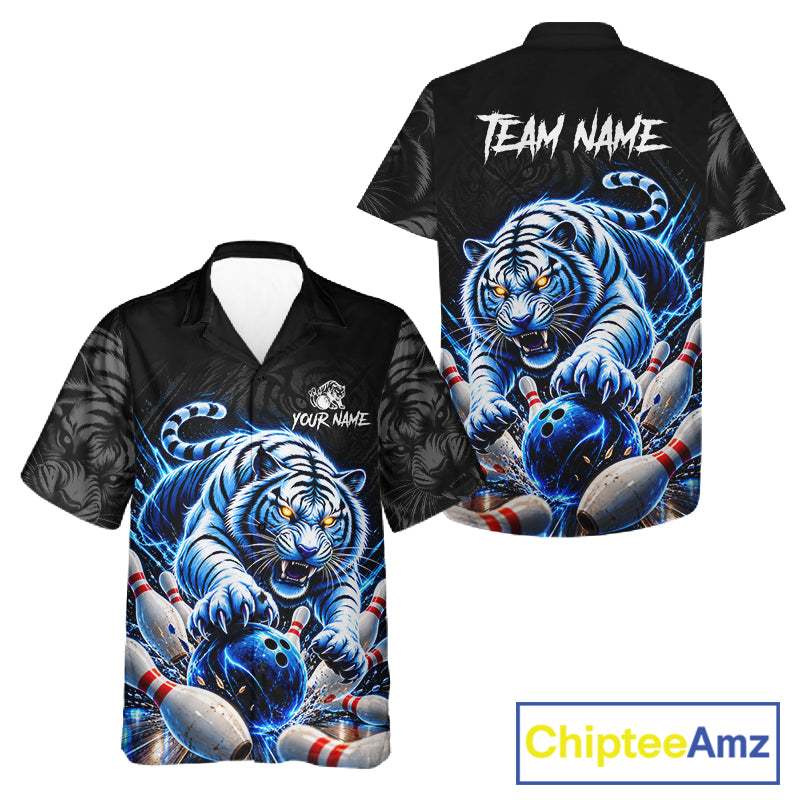 Personalized Blue Neon Tiger Bowling Hawaiian Shirt For Bowlers Custom Bowling Team Button Up Jersey TDM7798