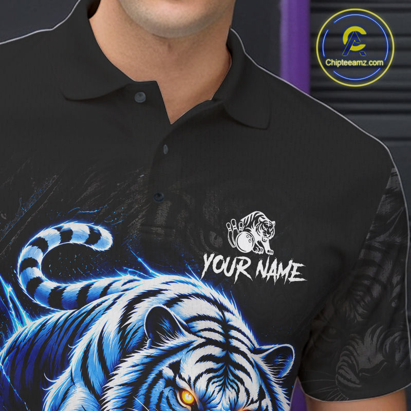 Personalized Blue Neon Tiger Bowling Jersey For Men Custom Bowling League Team Shirt Polo, 1/4 Zip TDM7798