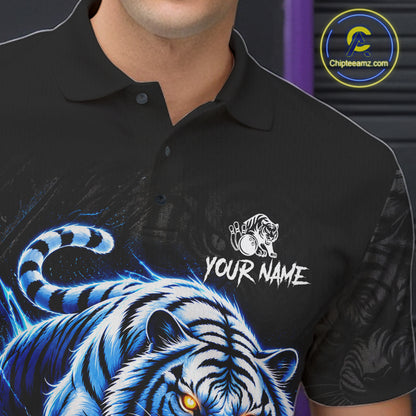 Personalized Blue Neon Tiger Bowling Jersey For Men Custom Bowling League Team Shirt Polo, 1/4 Zip TDM7798