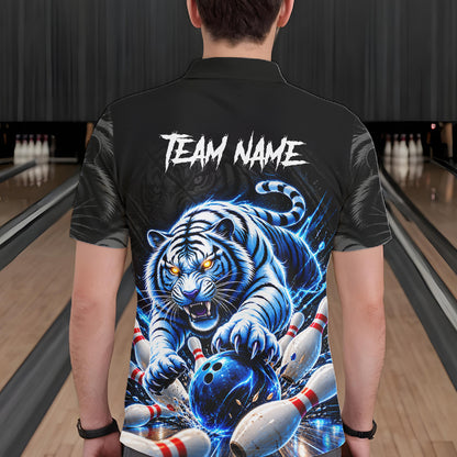 Personalized Blue Neon Tiger Bowling Jersey For Men Custom Bowling League Team Shirt Polo, 1/4 Zip TDM7798