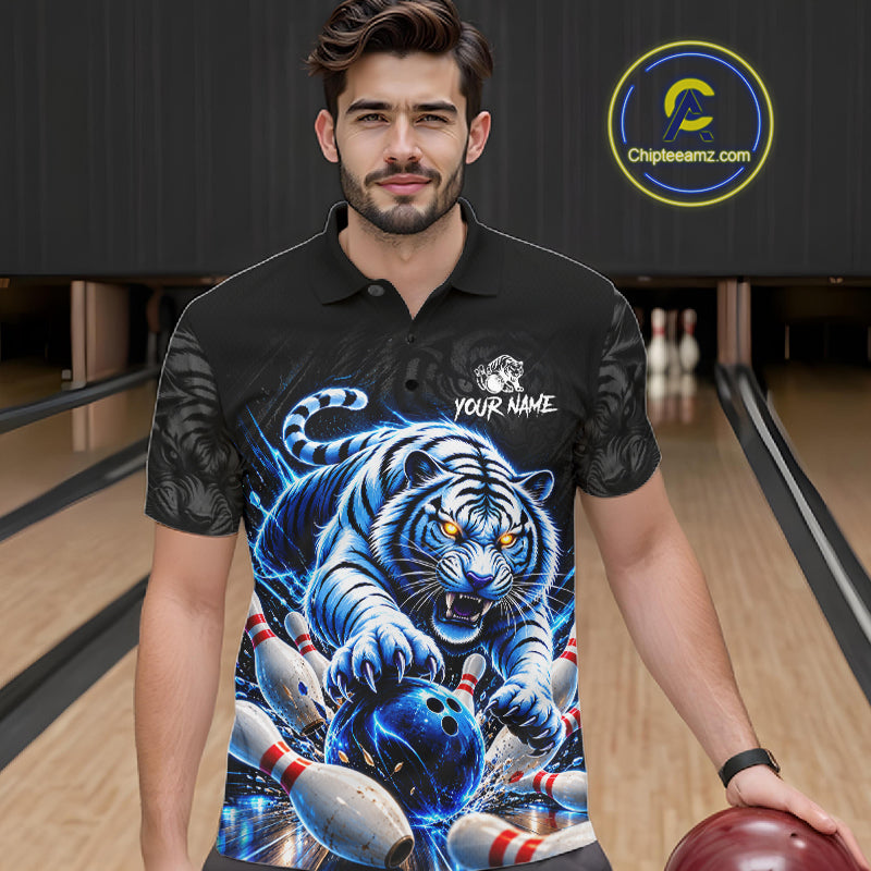 Personalized Blue Neon Tiger Bowling Jersey For Men Custom Bowling League Team Shirt Polo, 1/4 Zip TDM7798