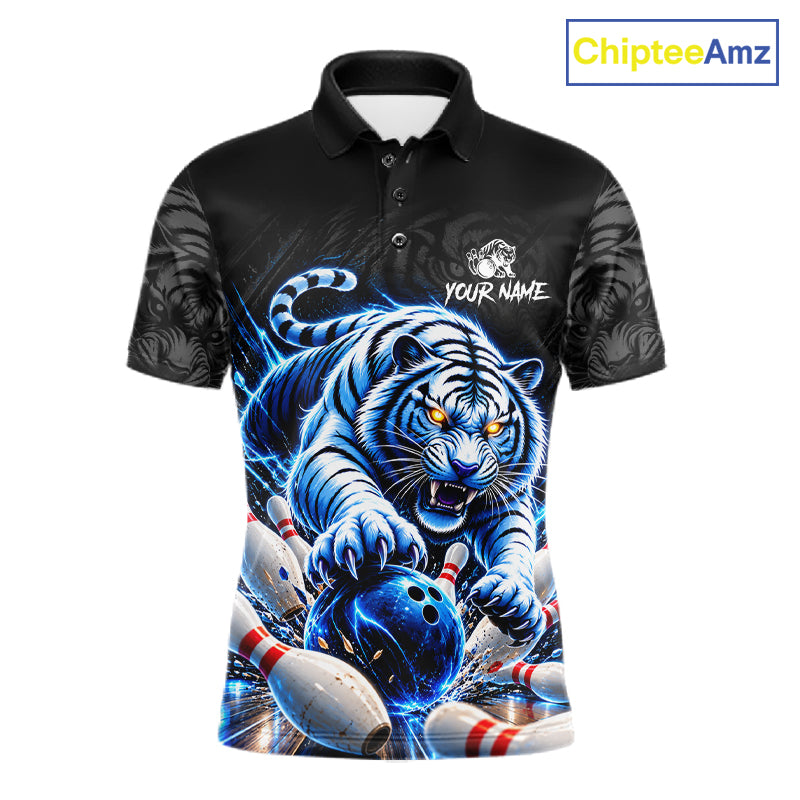 Personalized Blue Neon Tiger Bowling Jersey For Men Custom Bowling League Team Shirt Polo, 1/4 Zip TDM7798