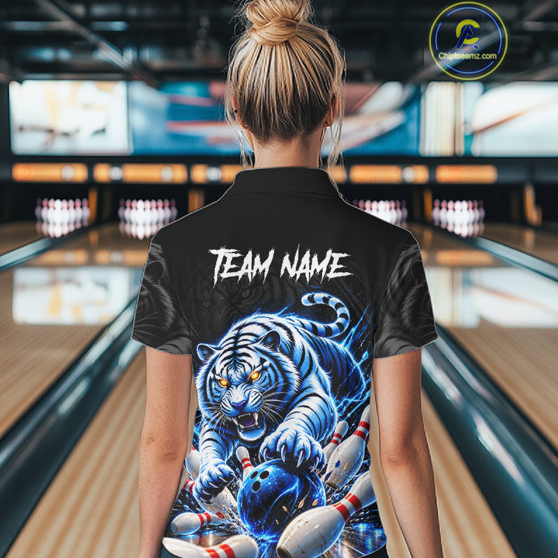 Personalized Blue Neon Tiger Bowling Jersey For Women Custom Bowling League Team Shirt Polo, 1/4 Zip TDM7798