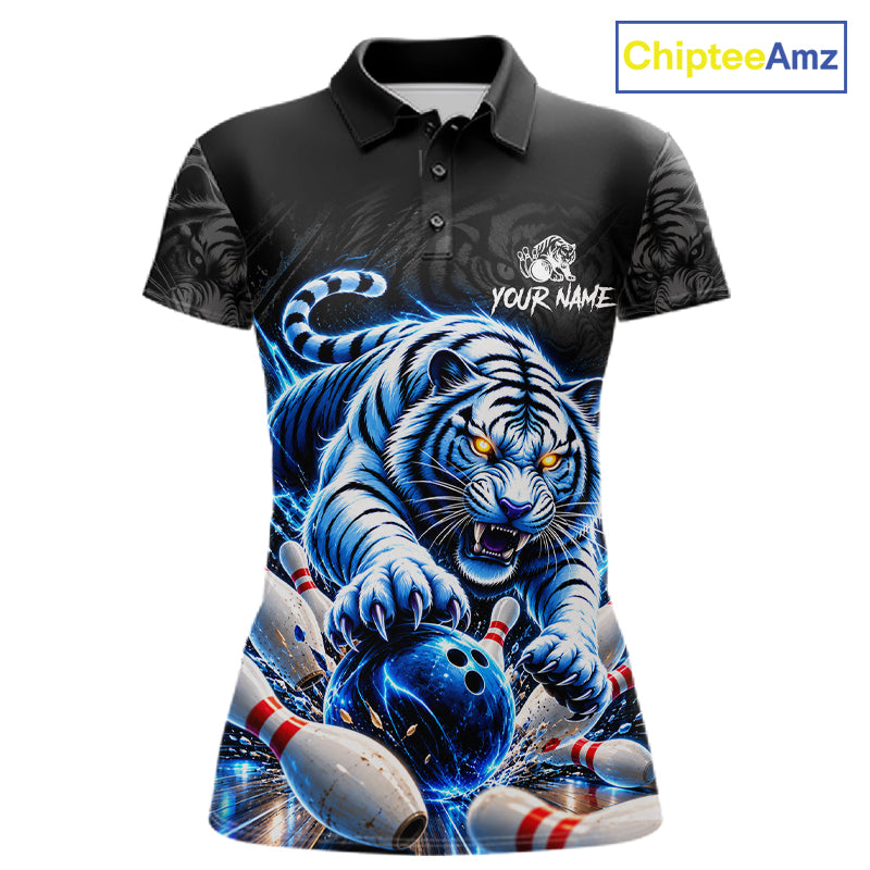 Personalized Blue Neon Tiger Bowling Jersey For Women Custom Bowling League Team Shirt Polo, 1/4 Zip TDM7798