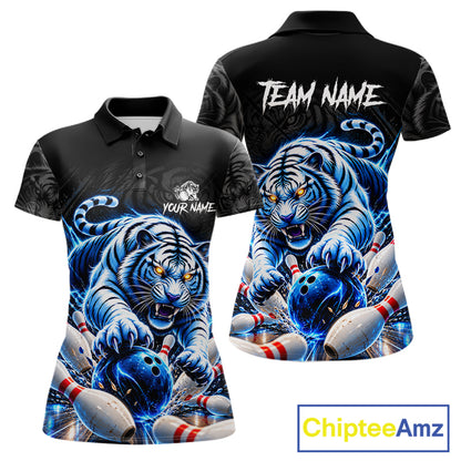 Personalized Blue Neon Tiger Bowling Jersey For Women Custom Bowling League Team Shirt Polo, 1/4 Zip TDM7798