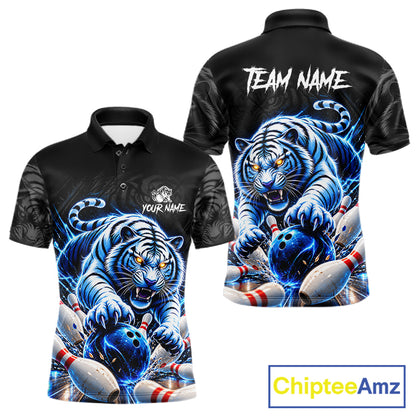 Personalized Blue Neon Tiger Bowling Jersey For Men Custom Bowling League Team Shirt Polo, 1/4 Zip TDM7798