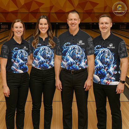 Personalized Blue Neon Tiger Bowling Jersey For Men Custom Bowling League Team Shirt Polo, 1/4 Zip TDM7798