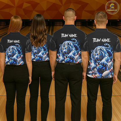 Personalized Blue Neon Tiger Bowling Jersey For Men Custom Bowling League Team Shirt Polo, 1/4 Zip TDM7798
