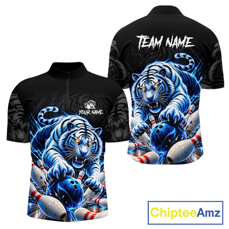 Personalized Blue Neon Tiger Bowling Jersey For Men Custom Bowling League Team Shirt Polo, 1/4 Zip TDM7798