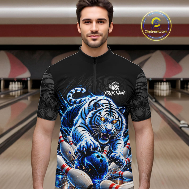 Personalized Blue Neon Tiger Bowling Jersey For Men Custom Bowling League Team Shirt Polo, 1/4 Zip TDM7798