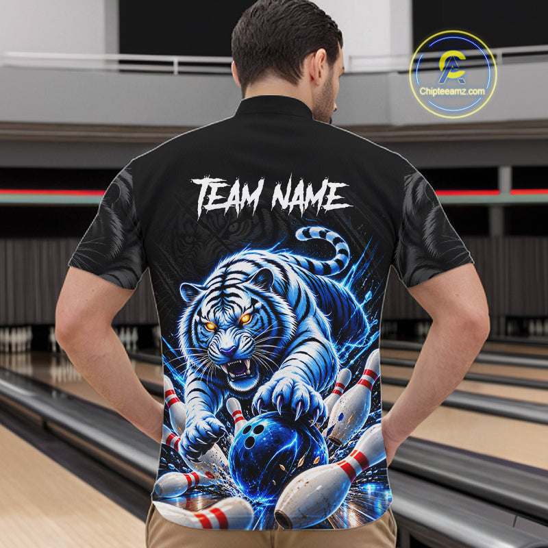 Personalized Blue Neon Tiger Bowling Jersey For Men Custom Bowling League Team Shirt Polo, 1/4 Zip TDM7798