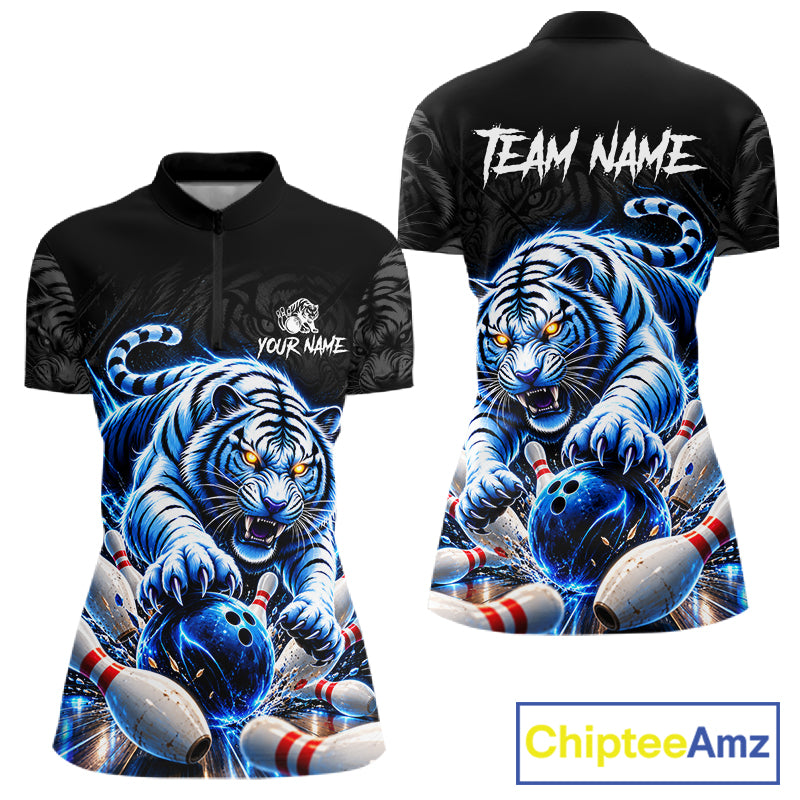 Personalized Blue Neon Tiger Bowling Jersey For Women Custom Bowling League Team Shirt Polo, 1/4 Zip TDM7798