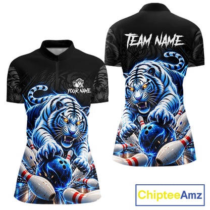 Personalized Blue Neon Tiger Bowling Jersey For Women Custom Bowling League Team Shirt Polo, 1/4 Zip TDM7798