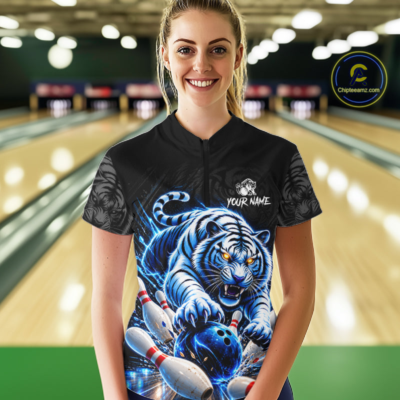 Personalized Blue Neon Tiger Bowling Jersey For Women Custom Bowling League Team Shirt Polo, 1/4 Zip TDM7798