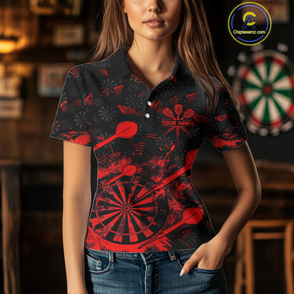 Black And Red Grunge Darts Polo, Quarter Zip For Women Custom Dart Shirts For Team, Dart Jerseys TDM5152