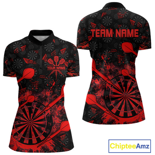 Black And Red Grunge Darts Polo, Quarter Zip For Women Custom Dart Shirts For Team, Dart Jerseys TDM5152