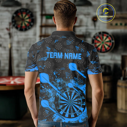 Black And Blue Grunge Darts Polo, Quarter Zip For Men Custom Dart Shirts For Team, Dart Jerseys TDM5153